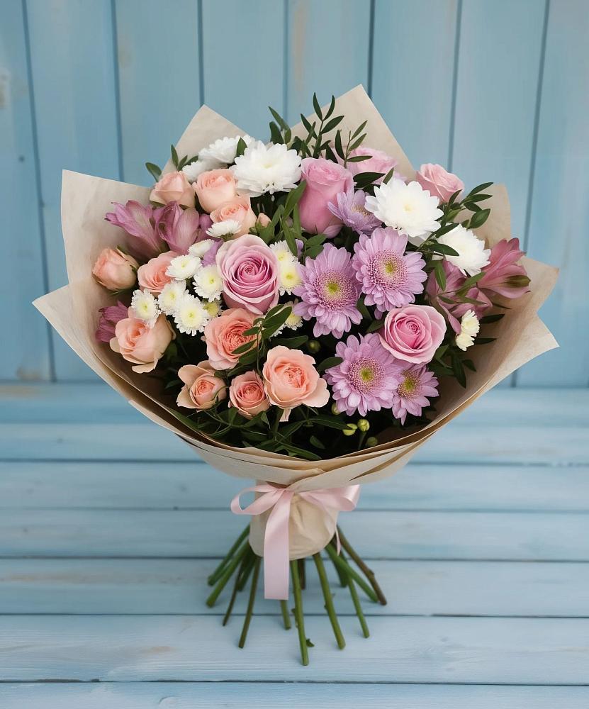 Букет цветов из: Хризантемы, Розы и Альстромерии в Октябрьское Ханты-Мансийский АО