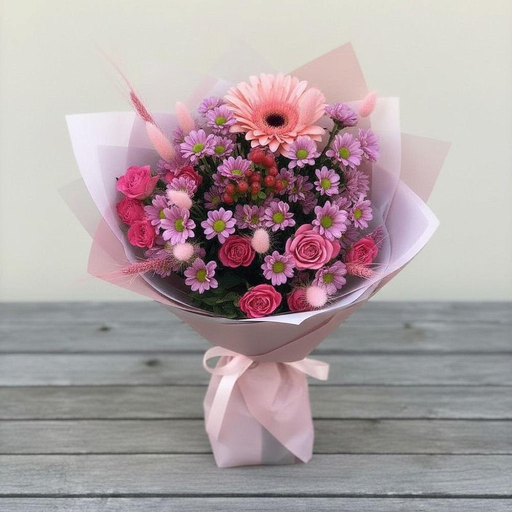 Букет цветов из: Розы, Герберы и Хризантемы в Октябрьское Ханты-Мансийский АО