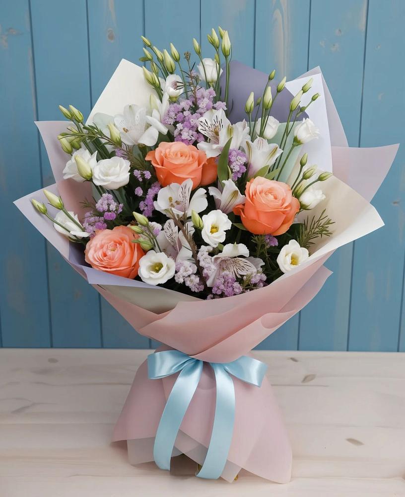 Букет цветов из: Лизиантусы, Розы, Альстромерии и Гипсофила в Октябрьское Ханты-Мансийский АО