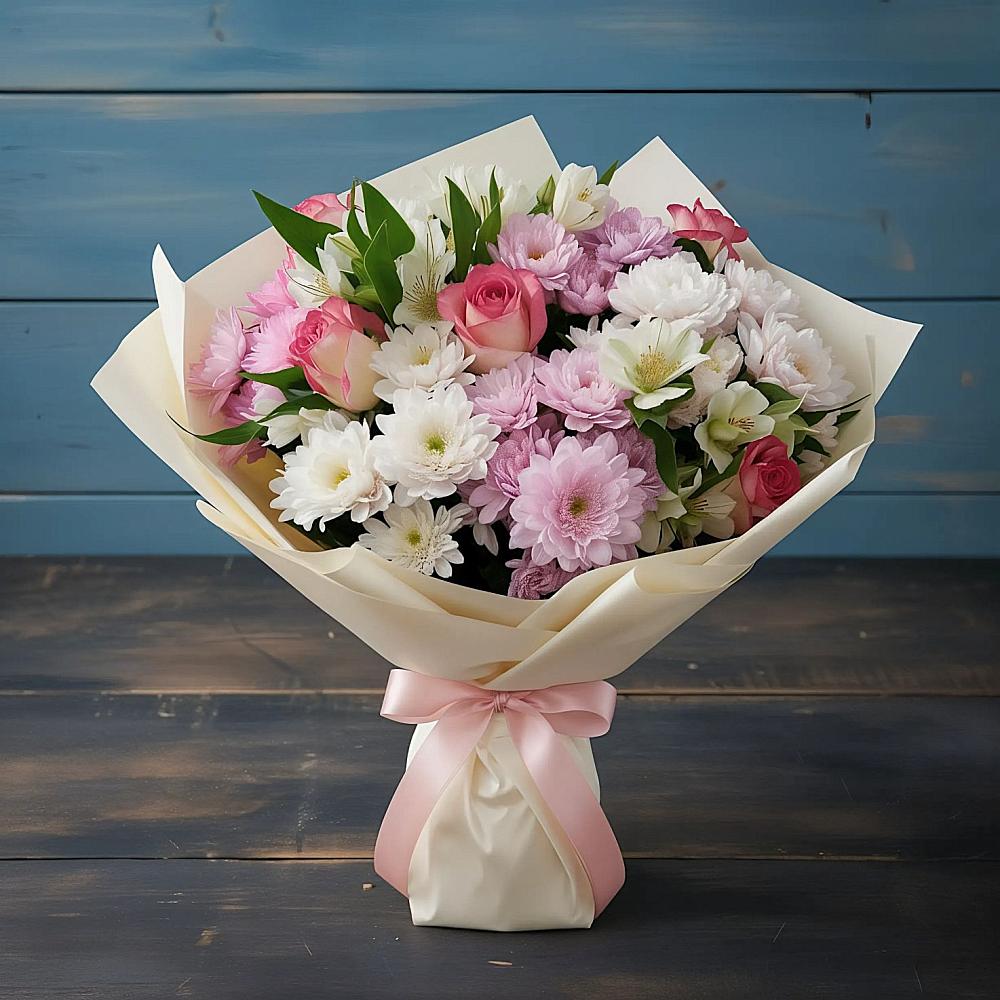 Букет цветов из: Хризантемы, Альстромерии и Розы в Октябрьское Ханты-Мансийский АО